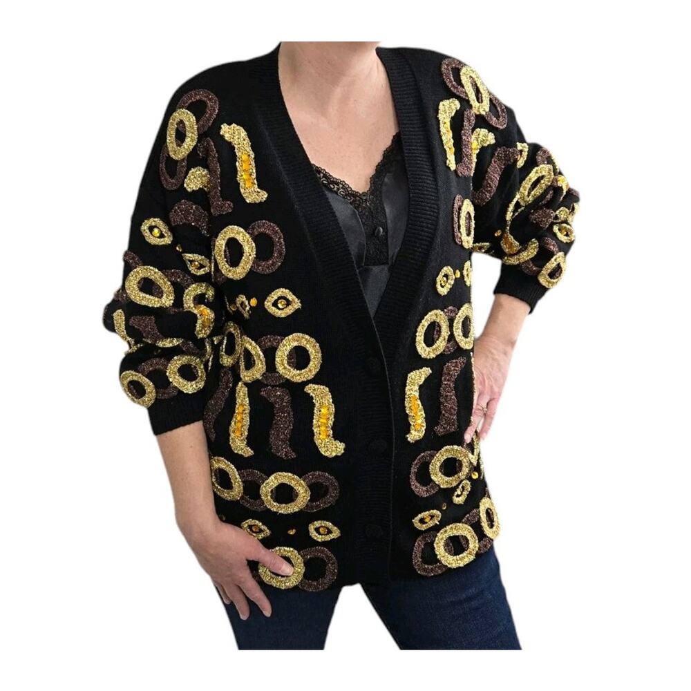 VTG Tony Lambert Cardigan Sweater L Black Embellished Wool Blend McBling Retro